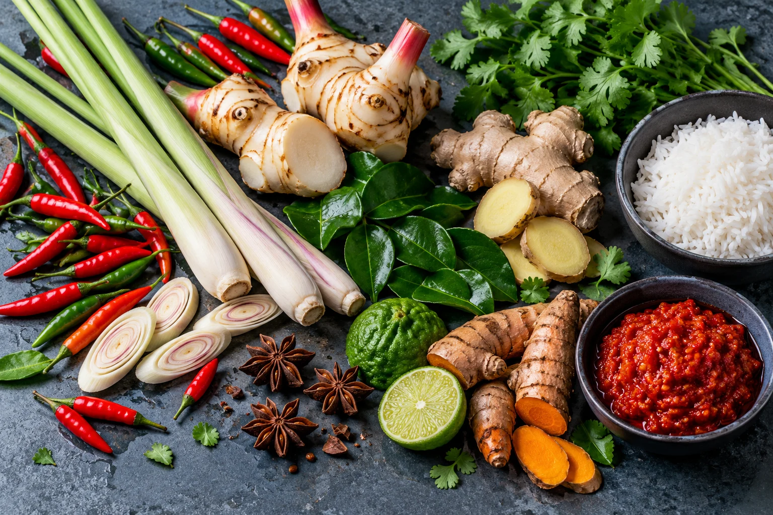 Asian ingredients including chillies, lemongrass, galangal, lime leaves and spices