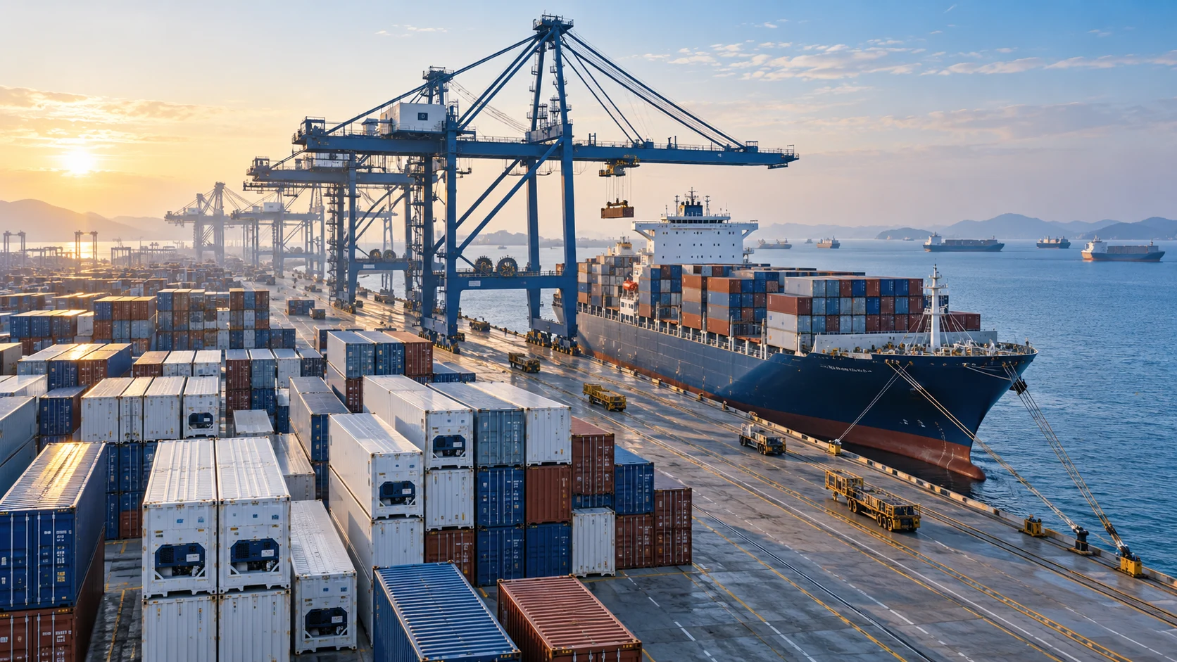 Illustrative Asian container port with refrigerated containers, cranes and a cargo ship